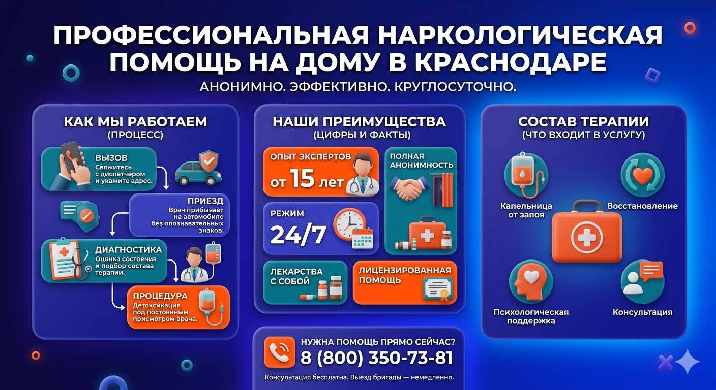Инфографика о принципах лечения алкоголизма на дому в Москве: этапы вызова нарколога, преимущества анонимной детоксикации и состав медицинской помощи.